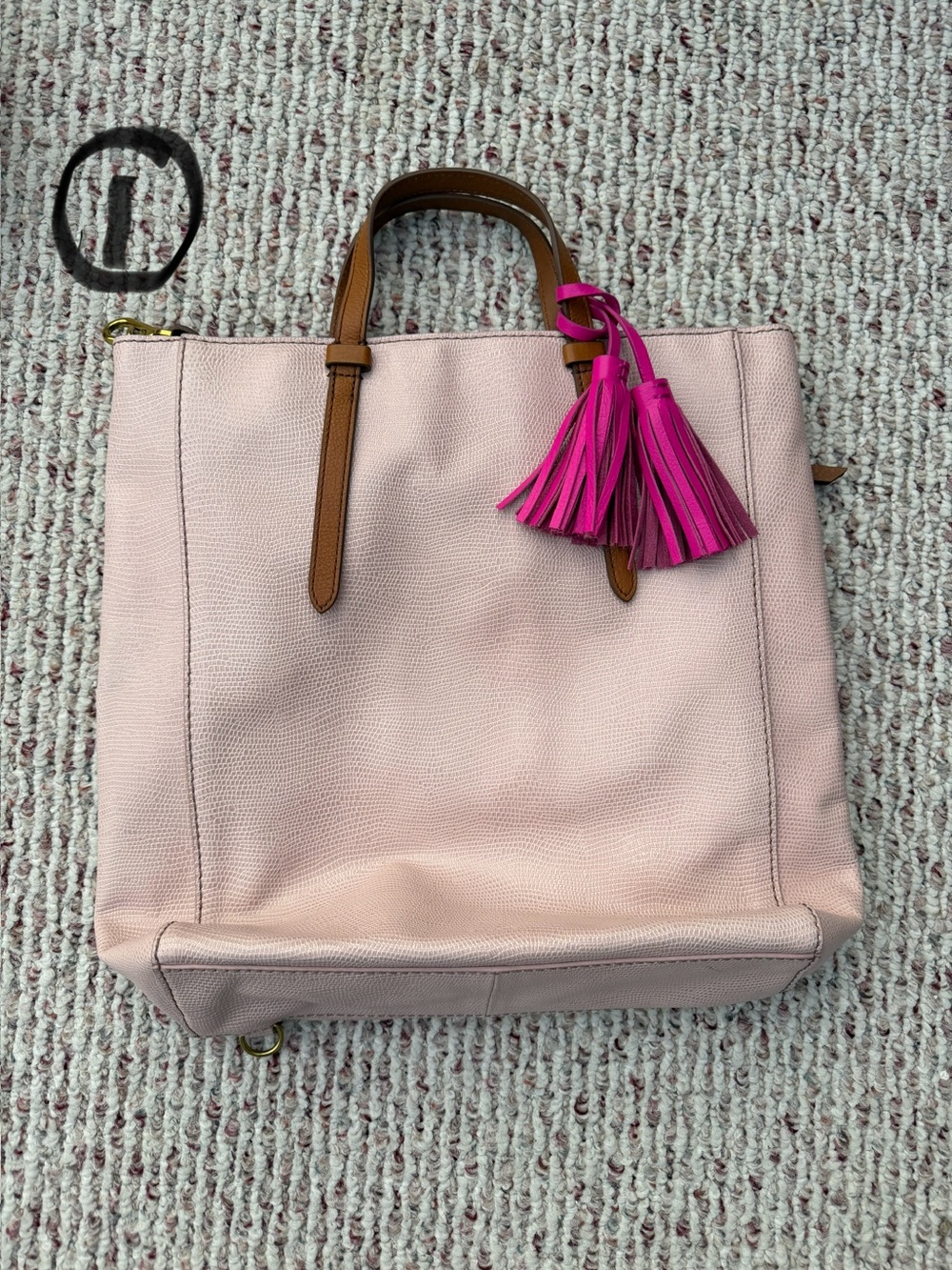 Fossil Blush Pink Tote with Tan Handles and Hot Pink Tassel
